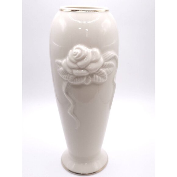 White Ceramic Vase With Rose Embossed Design & Gold Trim - Picture 6 of 11